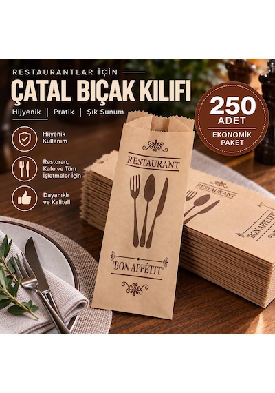 Şamua Kağıt Çatal Bıçak Kılıfı 250 Adet Kahverengi Baskılı Restoran Cafe Kaşıklık Servis Kılıfı