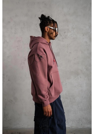 Novalisse Erkek 3 İplik Pamuklu Kapüşonlu Baskılı Cepli Sweatshirt Hoodie - Gül Kurusu Çoklu Renk