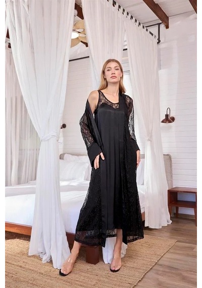 Ang Butik Kadın %100 Viskon Dantelli Ve Dekolteli Saten Sabahlık Takımı Siyah