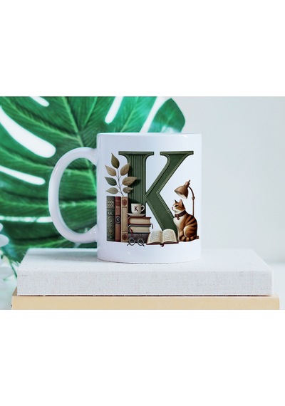 K Harf Kedi Ve Kitaplar Figürleri İle Kupa Bardak - Kitap Ve Kedi Severlere Özel - Manevi Hediye Beyaz