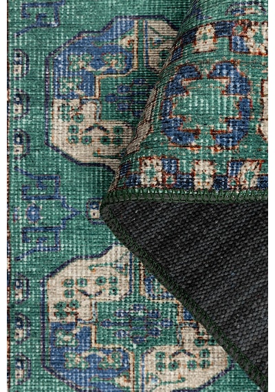 Artloop Relic Yeşil / Mavi Vintage Dokulu Klasik Desenli Dokuma Tabanlı Şönil Halı Al 472 Bej