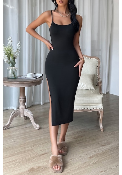 Ang Butik Kadın Siyah Yırtmaçlı Diz Altı Vücüdu Saran Gecelik