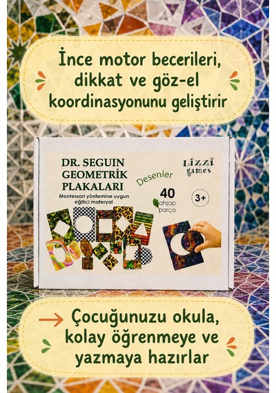 Montessori Ahşap Bultak Dr Seguin Geometrik Plakalar Şekil Desen Eşleştirme Seti 40 Parça 3+ 6x10 Cm