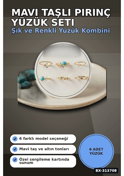 Mavi Taşlı Pirinç Yüzük Seti 6 Adet 7-8 Numara Bayan Bijuteri Takı Hediyelik Bx-313708 Çok Renkli