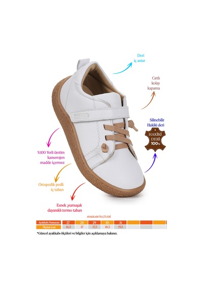 Kiko Kids Arad %100 Deri Günlük Erkek Çocuk Spor Ayakkabı Beyaz