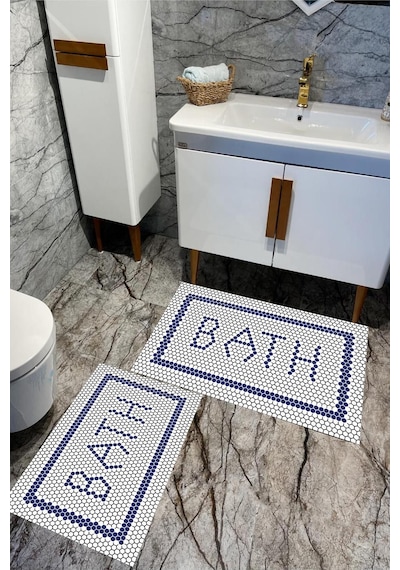Dijital Baskılı Yıkanabilir Bath Desenli Kaymaz Taban 2'li Banyo Paspas Seti Kahverengi