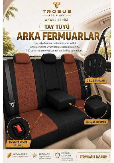 Seat Leon 2005 Ve Sonrası Uyumlu Angel Serisi Tay Tüyü Koltuk Kılıfı Taba Siyah