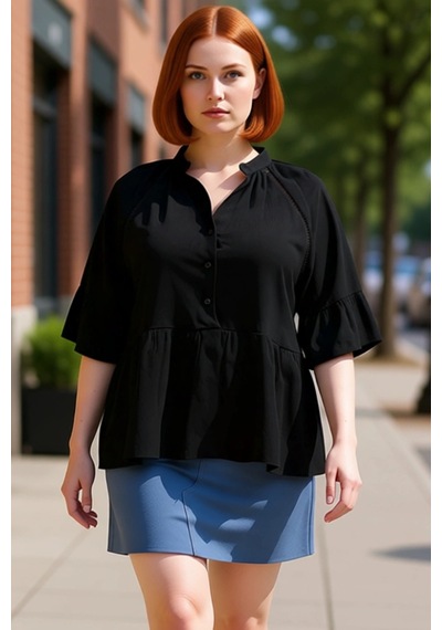 Ersefa Kadın Plus Size V Yaka Kısa Kol Dokuma Peplum Gömlek Konforlu Ve siyah