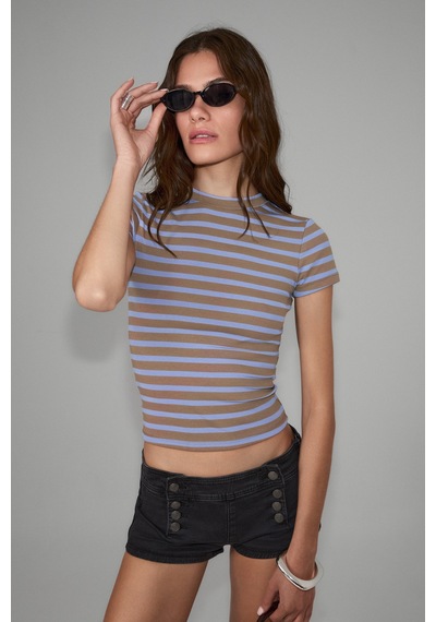 Grımelange Hopewell Kadın Yuvarlak Yaka Örme Slim Fit Mavi/kahverengi Çizgili T-shirt Grımelange Hopewell Kadın Yuvarlak Yaka Örme Slim Fit Mavi/kahverengi Çizgili T-shirt