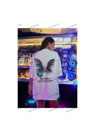 Tarzsokak Kadın Beyaz Butterfly Ön Arka Baskılı Oversize Beyaz