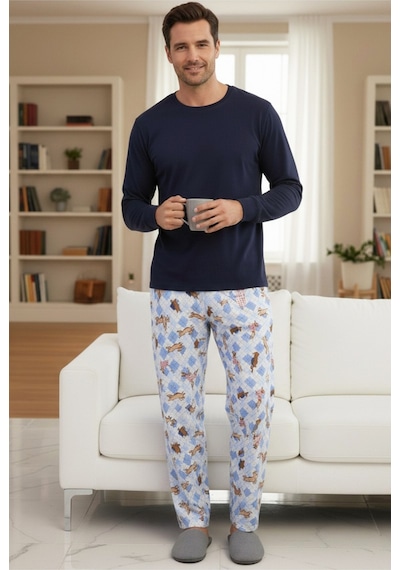 Siyah İnci Uzun Kollu Pamuklu Örme Pijama Takım 7972 Mavi Köpek
