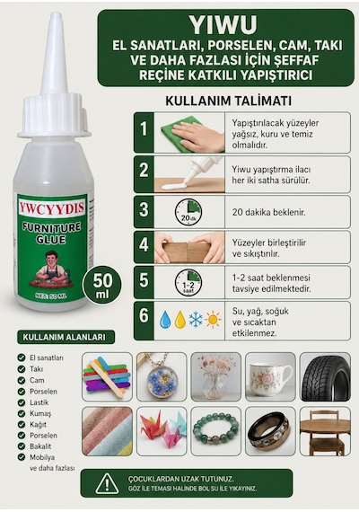Yıwu El Sanatları, Porselen, Cam, Takı Ve Daha Fazlası İçin Şeffaf Reçine Katkılı Yapıştırıcı 50 Ml