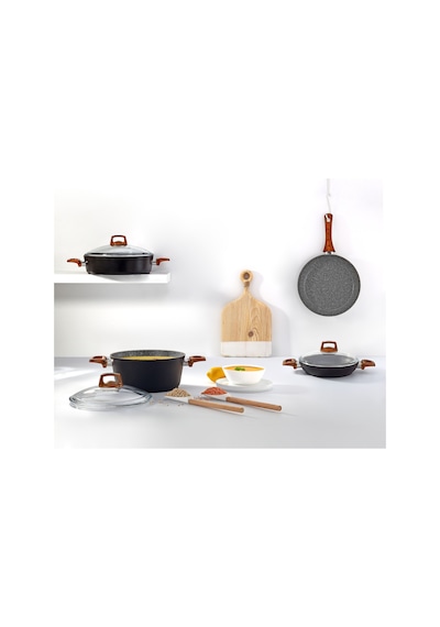 Bonera Vogue 24cm Ahşap Kulp Detaylı Granit Tekli Derin Tencere Siyah