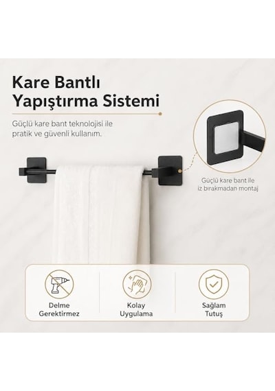 Siyah Kare Uzun Havluluk, Yapışkanlı Ve Vidalı Montajlı Duvara Monte Havlu Askısı, Mat Siyah Banyo Aksesuarı 12 Izgara