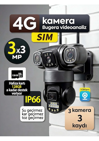 Üçlü Lens 6mp 4g Sım Ptz Dış Mekan Güvenlik Kamerası: 360 Panoramik, 7/24 Kayıt, Hareket Sensörlü Alarm, Gece Görüş, Suya Dayanıklı Gövde