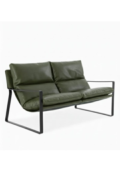 Sller Modern İkili Koltuk - Loft Tasarım Haki Deri/kumaş Bahçe Ve Balkon Kanepesi - Metal İskeletli 130 Cm Haki