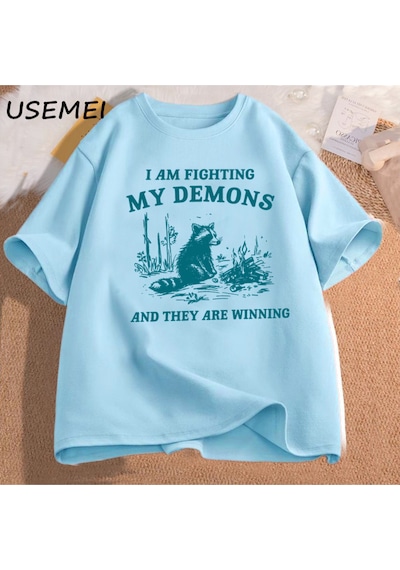 Flood Of Style Ben Benim Demons Rakun Meme T Shirt Mücadele Ediyorum Komik Grafik Baskılı Tişört Erkek Kadın Mavi