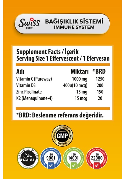 Swiss Bork C Vitamini 1000 Mg Çinko D3 K2 İçeren 20 Efervesan Tablet 2 Li Avantaj Paket