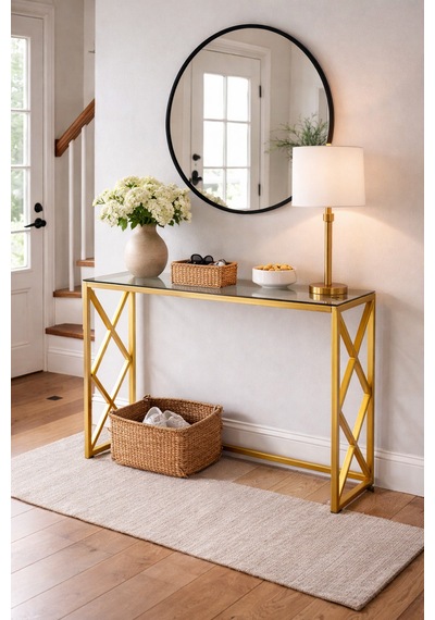 Lina Metal Dresuar - 4mm Füme Temperli Camlı Antre Konsolu 100x30x80 Cm Gold