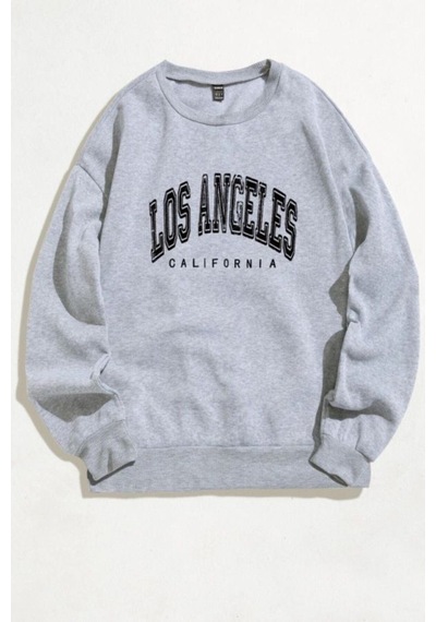 Los Angeles California Sweatshirt - Gri Baskılı Oversize Kışlık Kalın Bisiklet Yala Gri