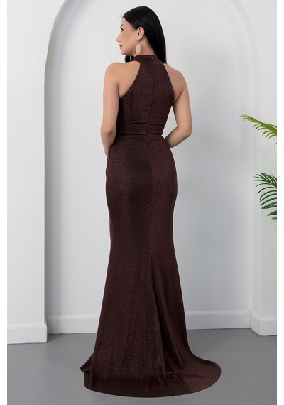 Kalopya Halter Yaka Yırtmaçlı Simli Elbise Drp0013 Kahve