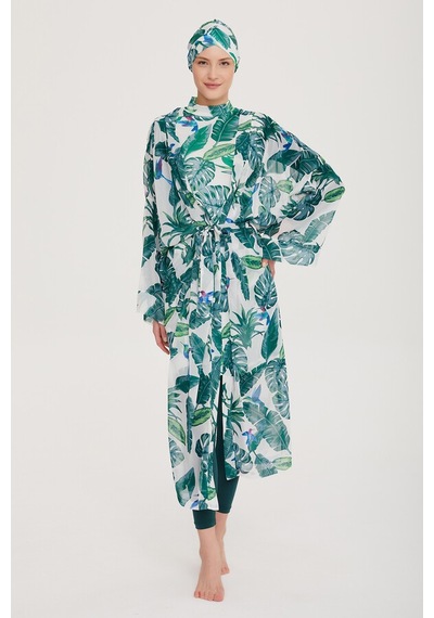Remsa Mayo Remsa Tesettür Mayo Üzerine Tek Kaftan Kimono Pareo Rp017 Yeşil Yapraklar Yeşil