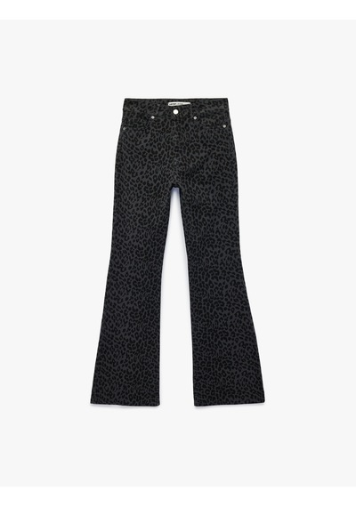 Koton Cepli Yüksek Bel Leopar Desenli İspanyol Paça Jean Pantolon - Flare Jeans Gri 6sal40053mw Gri