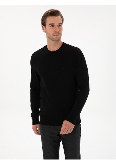 Cacharel Siyah Slim Fit Yün Karışımlı Bisiklet Yaka Triko Kazak