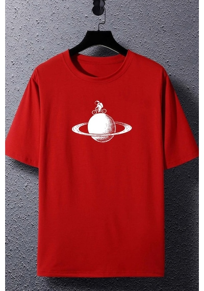 Unisex Astronaut Rides Baskılı T-shirt Kırmızı