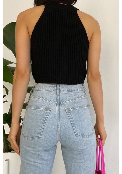 Femelle Kadın Siyah Halter Yaka Boncuklu Triko Crop Bluz