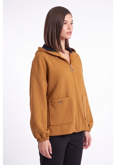CEMO Çift Cepli Fermuarlı Kapüşonlu Desenli Sweatshirt Ceket Taba