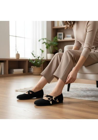 Ne&ve Shoes Siyah Süet Hakiki Deri Çapraz Bantlı Aksesuar Detaylı Kadın Yuvarlak Burun Babet