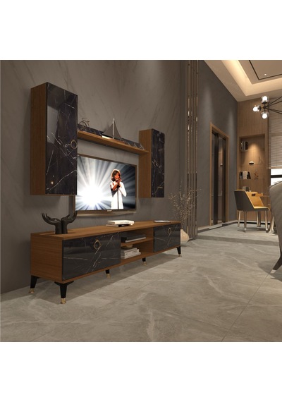 Decoraktiv Eko 7 Mdf Dvd Gold Tv Ünitesi Tv Sehpası Ceviz - Siyah Mermer