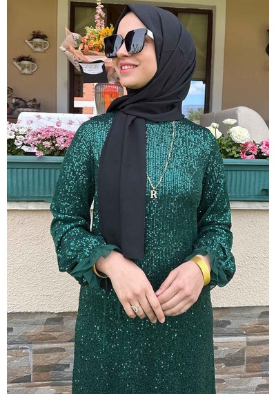 Rabia Şamlı Pırıl Zümrüt Yeşili Elbise Normal