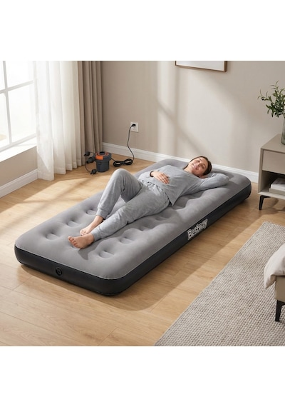 Bestway Single Tek Kişilik Şişme Yatak + Elektrikli Pompa 185x76x22cm 671gy Bw141 Gri