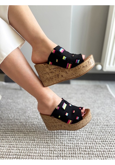 Asmi Shoes Kadın Limo Siyah Kot Dolgulu Mantar Taban Terlik 10 Cm Siyah