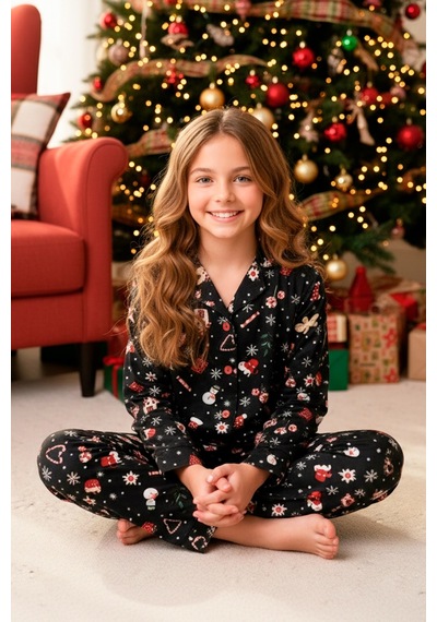 Kız Çocuk Yeni Yıl Temalı Pijama Takımı-%100 Pamuk Süet -12450 Siyah