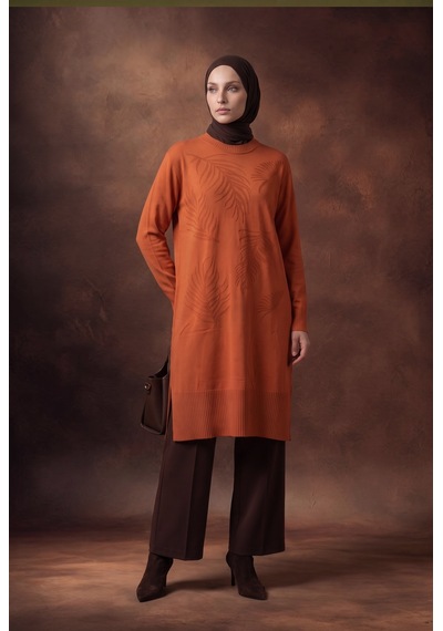 Armine Trend Yaprak Desenli Bisiklet Yaka Uzun Kollu Fitilli Detaylı Tunik Şeftali 26ktd408 Somon