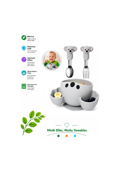 Gri Koala Premium Çocuk Vakumlu Silikon Beslenme Mama Kase, Paslanmaz Çelik Çatal-kaşık 9+ Ay