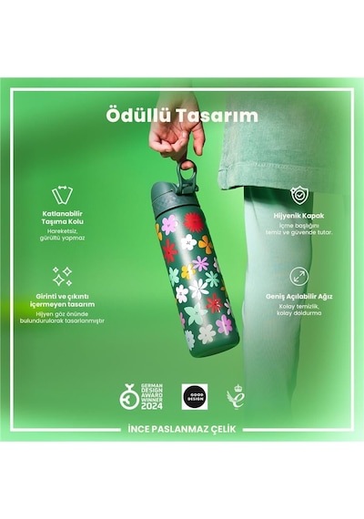 Ion8 - Paslanmaz Çelik İnce Suluk - Çiçekli - 600 Ml - Sızdırmaz Çok Renkli