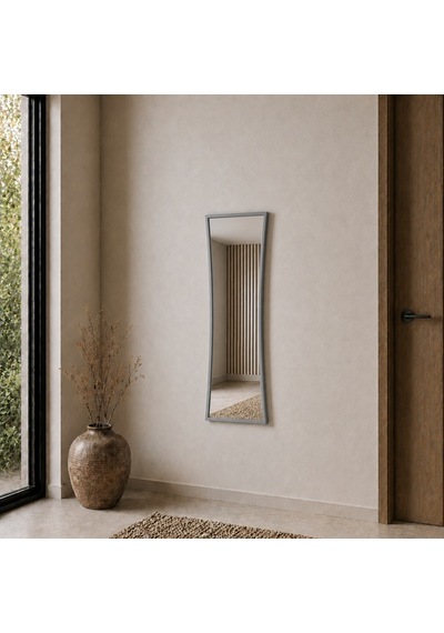 Modern Çerçeveli Boy Aynası 40x120 Cm Kavisli Minimalist Dekoratif Duvar Aynası Gri