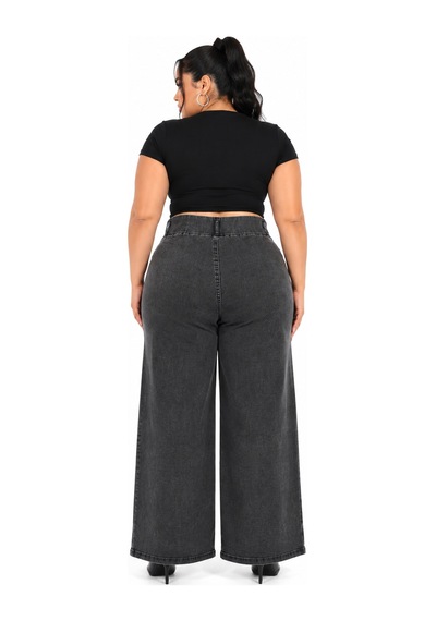 Büyük Beden Beli Lastikli Bağcıklı Yüksek Bel Taş Şerit Detaylı Bol Paça Denim Kadın Pantolon Siyah Büyük Beden Beli Lastikli Bağcıklı Yüksek Bel Taş Şerit Detaylı Bol Paça Denim Kadın Pantolon Siyah