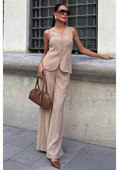 Moderie Butik Arkası Bağcıklı Yelek Plazza Pantolon Modal Takım 10202-08 Vi Zon