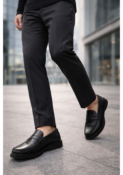 Muggo Gentz Hakiki Deri Rahat Taban Erkek Günlük Klasik Loafer Ayakkabı Siyah