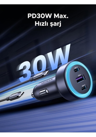 Ugreen 30w 3 Portlu Araç İçi Şarj Cihazı Çakmaklık Adaptörü, 4584