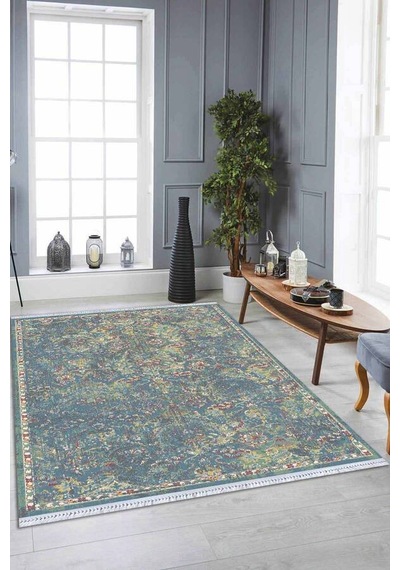 Mavi Vintage Dokuma Pamuk Tabanlı Kaymaz Kilim Klm335n11