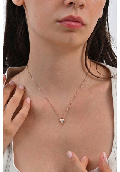 925 Ayar Gümüş Kolye Rose Kaplama Tek Taşlı Yaprak Kolye - Şans Kolyesi Barcode Rose Gold