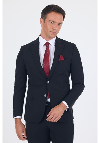 İmza Siyah Mono Yaka Yarım Astar 6 Drop Slim Fit Beli Lastikli Takım Elbise 1001250121 Siyah