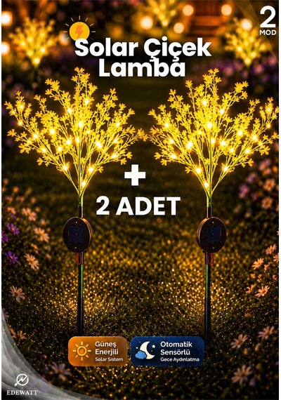 2 Adet Dekoratif Çiçek Görünümlü Solar Led Lamba Güneş Enerjilli Su Geçirmez Bahçe Aydınlatma