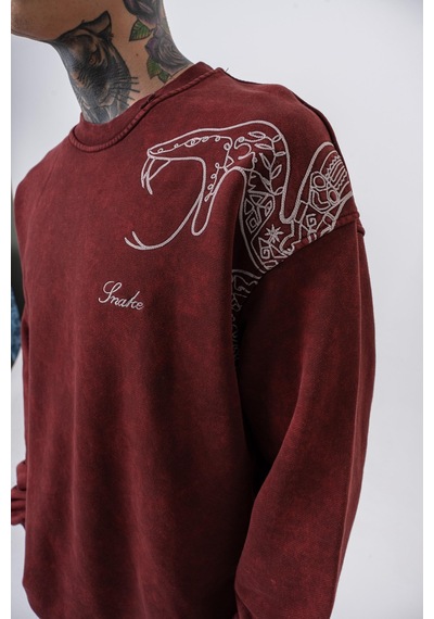 Respire Erkek Snake Nakışlı Yıkamalı Bisiklet Yaka Oversize Sweatshirt Bordo